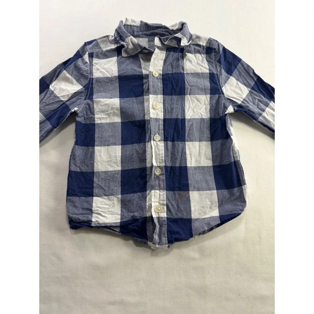 OshKosh Bgosh Boys Navy Blue White‎ Buffalo Plaid Button Down Shirt 3T